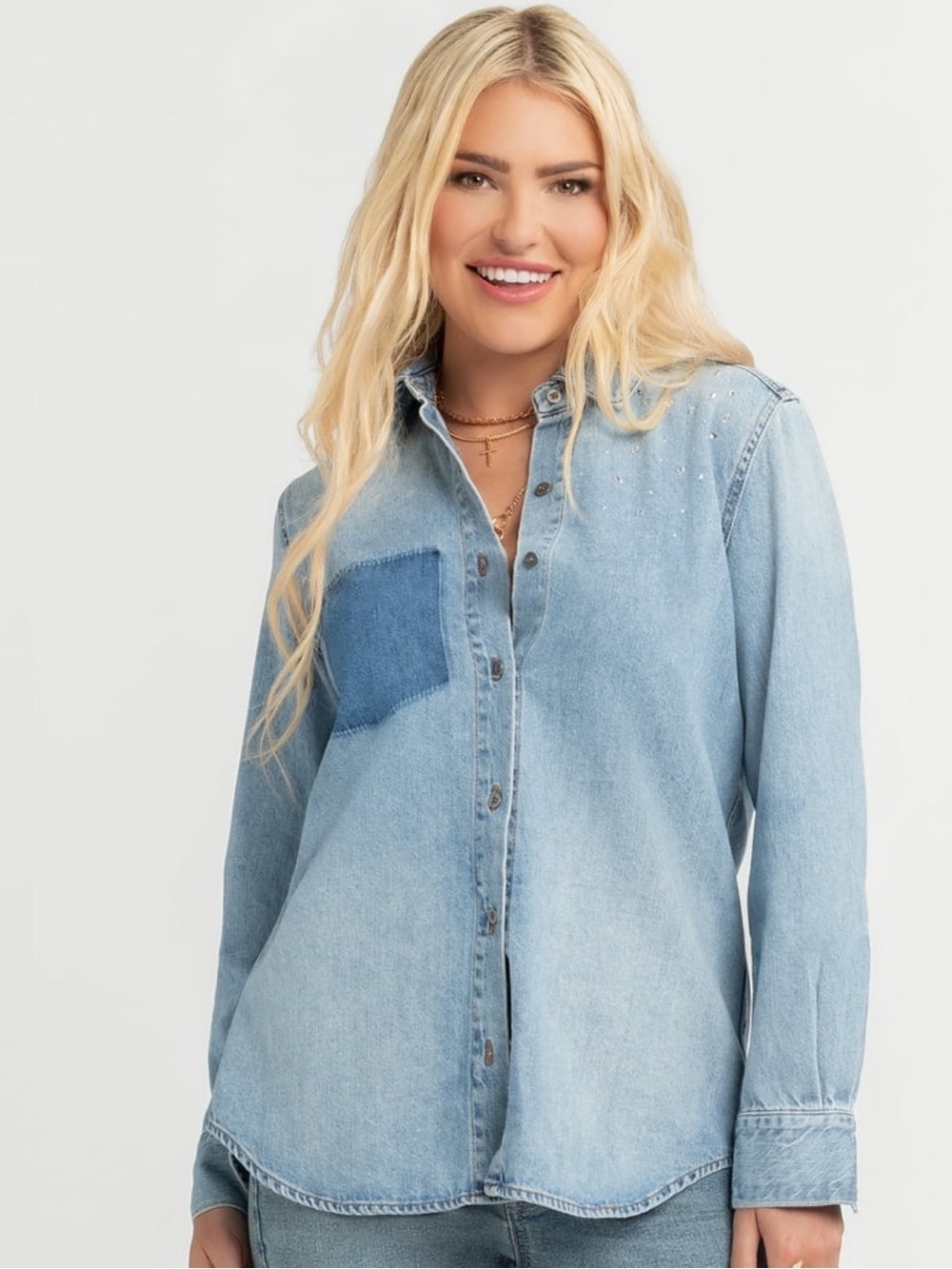 Jessica Simpson Women's Embellished Two Tone Denim Long Sleeve Shirt (S) NWT